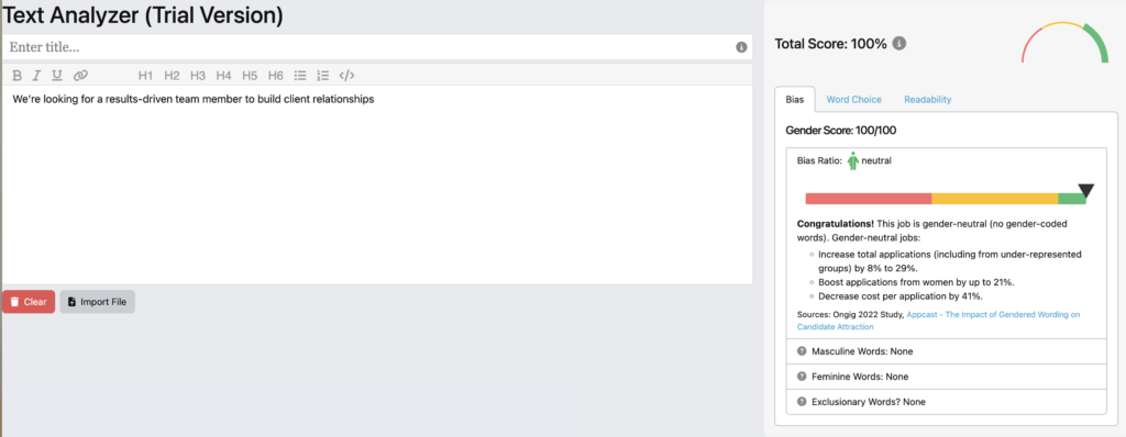 Ongig's Text Analyzer Showing Gender Neutral Job Description | Ongig Blog Ongig's text analyzer showing gender neutral scored job description for DEI in Canada